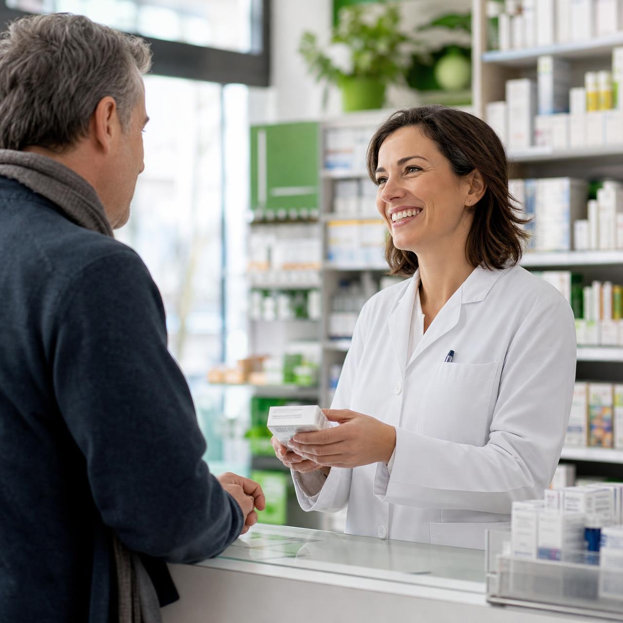Pharmacy staff member assisting a customer using a tablet referral interface